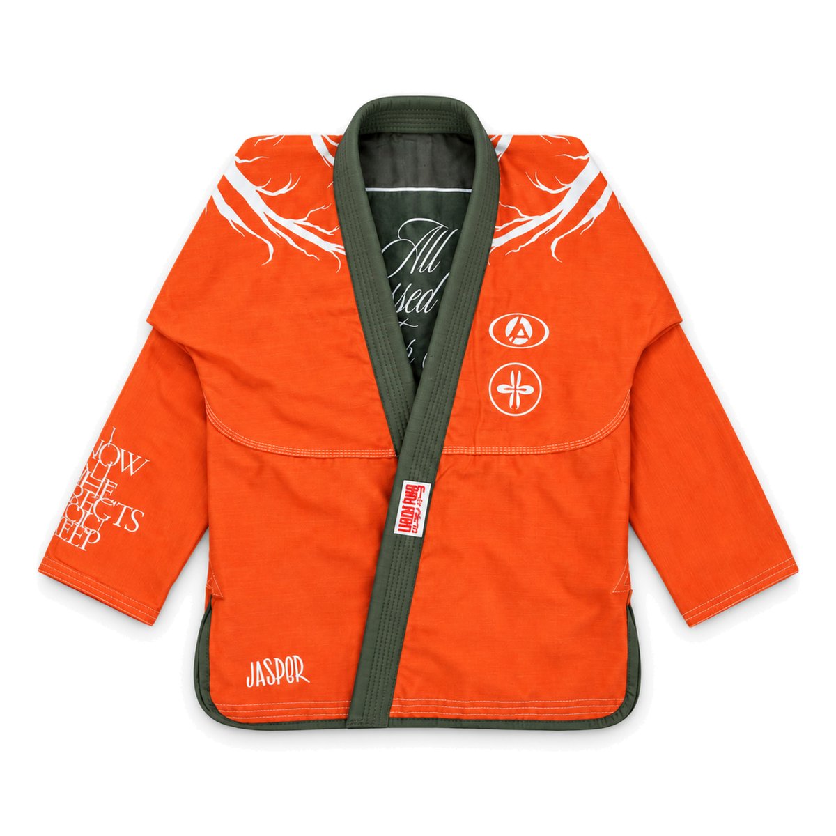 Kimono reversed to blaze orange, studio flat-lay, front