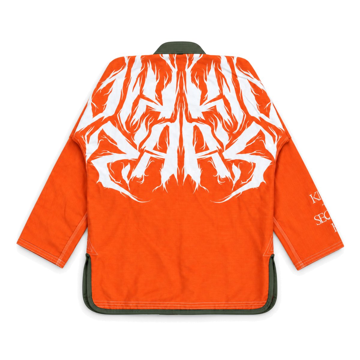 Kimono reversed to blaze orange, studio flat-lay, back