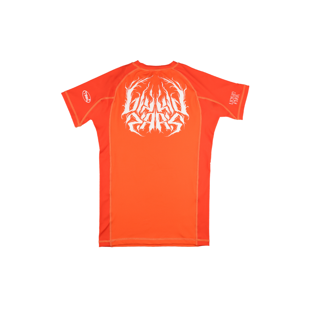 Linkin Park x Jasper Wong No Gi Rashguard Blaze Orange back, Linkin Park metal-script