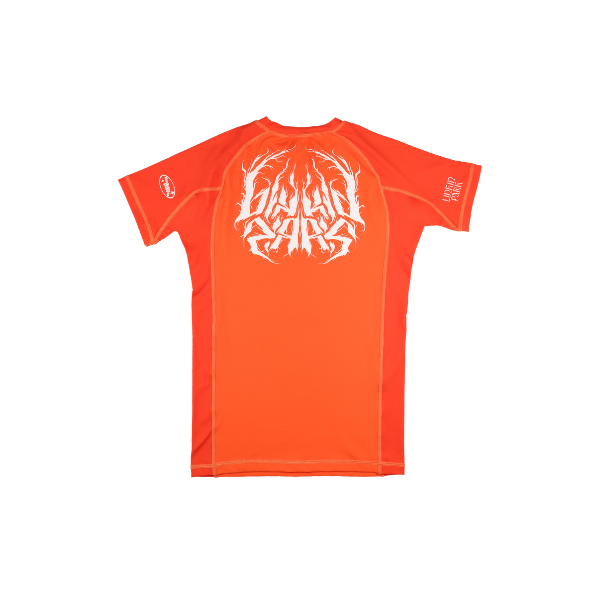 Linkin Park x Jasper Wong No Gi Rashguard Blaze Orange back, Linkin Park metal-script