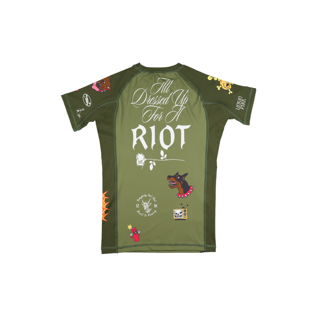 Linkin Park x Jasper Wong No Gi Rashguard Military Green back, All Dressed Up For A Riot