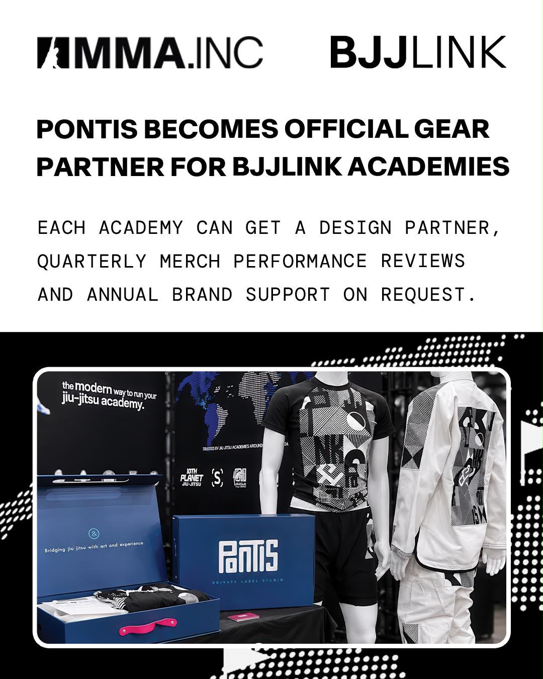 Announcement: Pontis becomes official gear partner for BJJLink academies. Each academy can get a design partner, quarterly merch performance reviews and annual brand support on request.