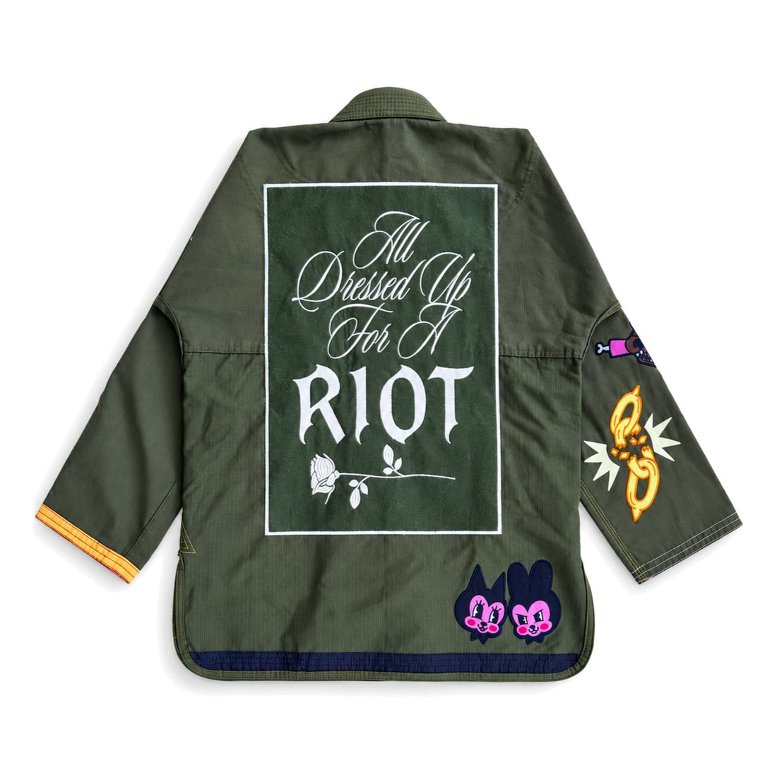 Kimono jacket, studio flat-lay, back showing the Riot panel